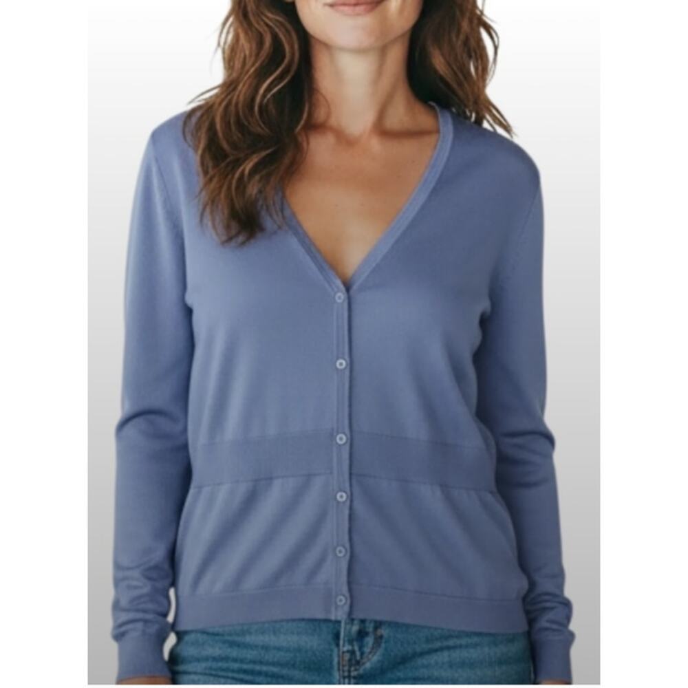Blue Silk Cotton Cardigan Sweater V Neck Button Size PM
